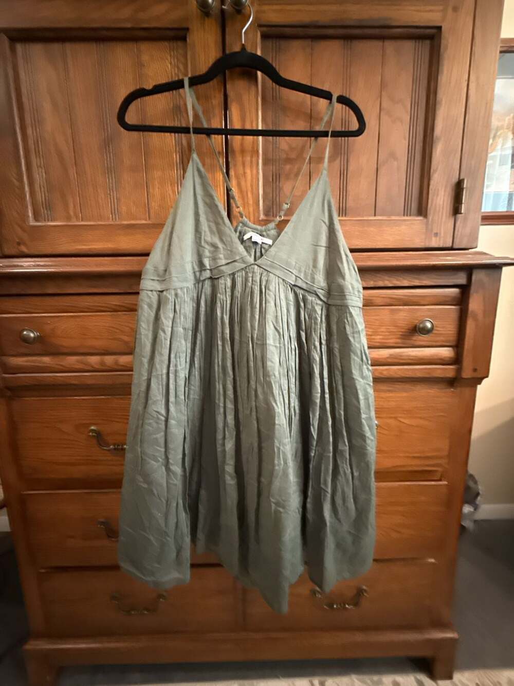 O'Neill Dress Size L Olive Green Cotton V-Neck Spaghetti Strap Boho